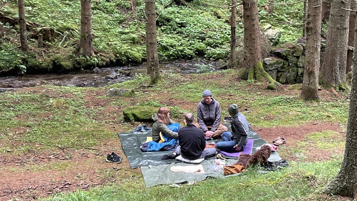 Eine Gruppe sitzt im Kreis auf einer moosigen Waldlichtung am Bach